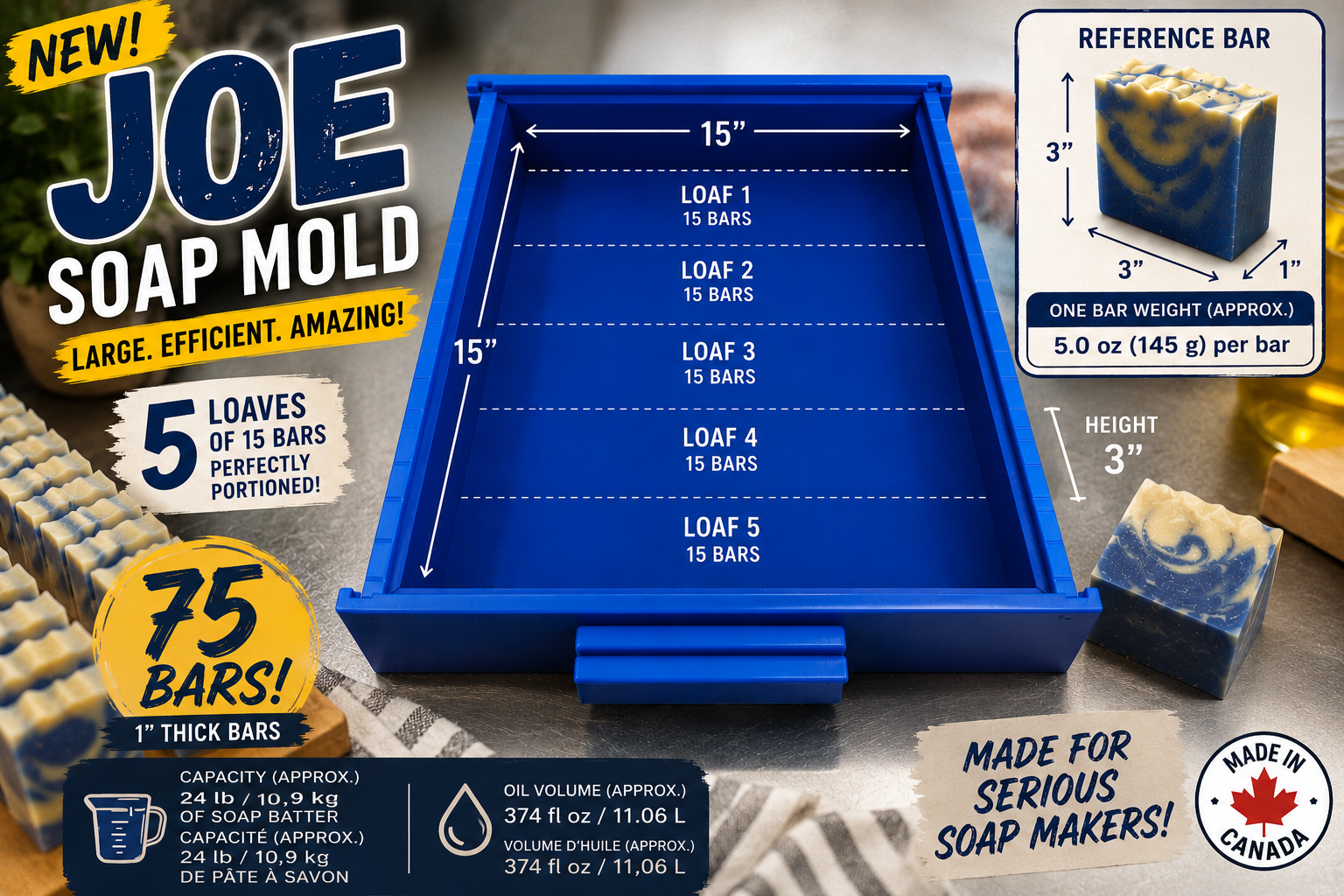 A blue rectangular Joe Soap Mold tray shown on a styled tabletop with soap bars, measurement callouts, and promotional text. The mold is labeled for 15-inch dimensions and can hold 15 bars of soap, with a reference bar and Canadian-made badge visible.