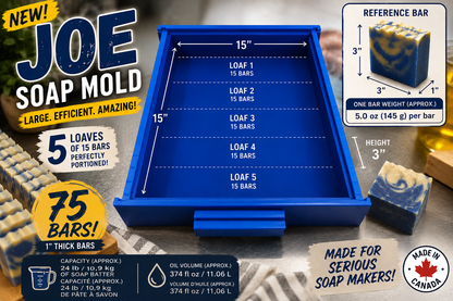 A blue rectangular Joe Soap Mold tray shown on a styled tabletop with soap bars, measurement callouts, and promotional text. The mold is labeled for 15-inch dimensions and can hold 15 bars of soap, with a reference bar and Canadian-made badge visible.