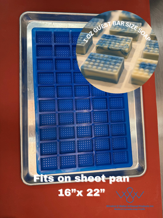 Blue silicone mold for soap with a inset showing soap bars, on an orange background.