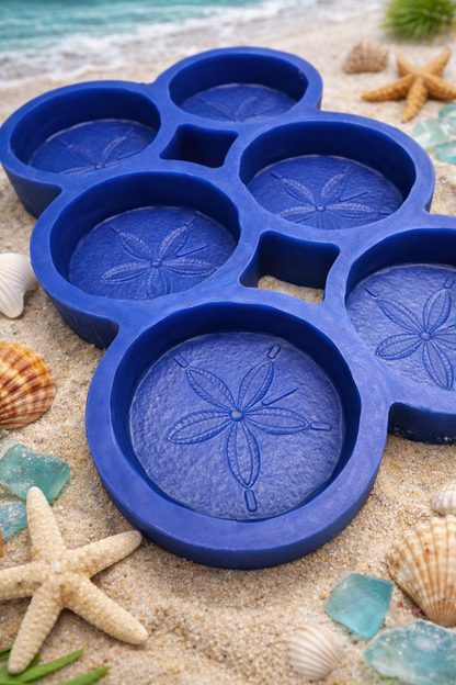 BLUE SILICONE SAND DOLLAR SOAP MOLD FOR MAKING OCEAN THEMED AND BEACH INSPIRED SOAPS OR ANY CRAFT PROJECTS WITH RESIN, WAX. 
