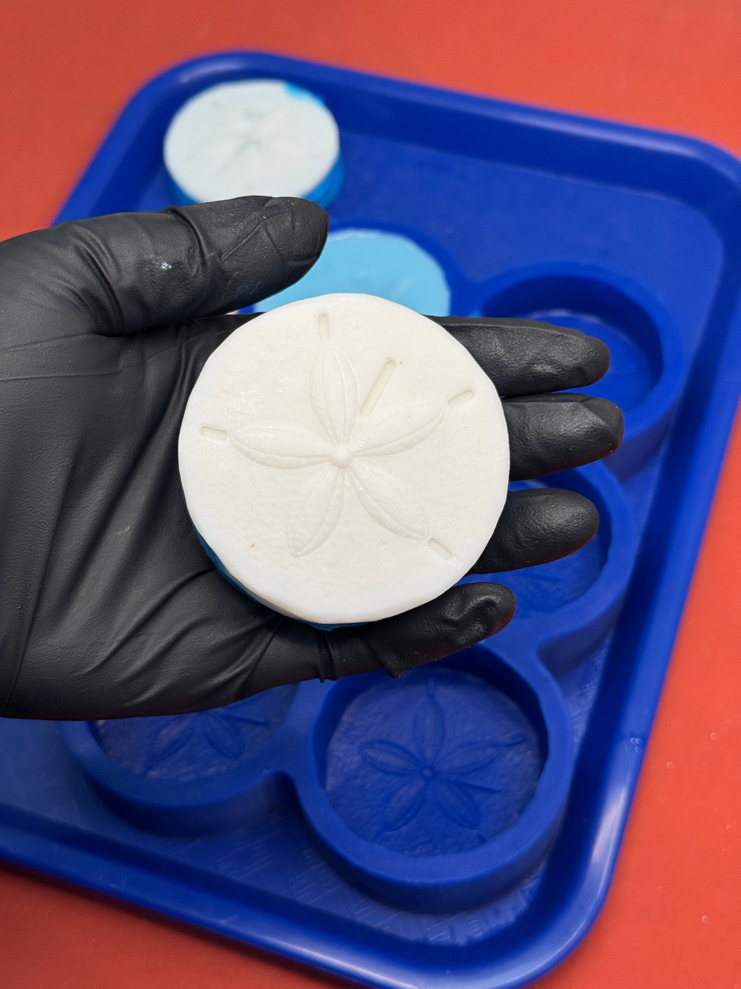 Hand wearing a black glove holding a melt and pour glycerine sand dollar soap with a blue sand dollar silicone mold in the background on a blue tray.