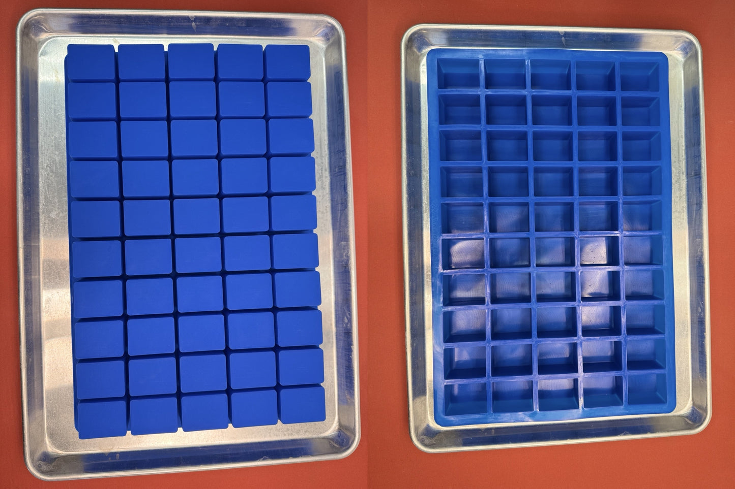 Two blue silicone cavity molds sitting on baking trays showing front and back of the silicone cavity mold